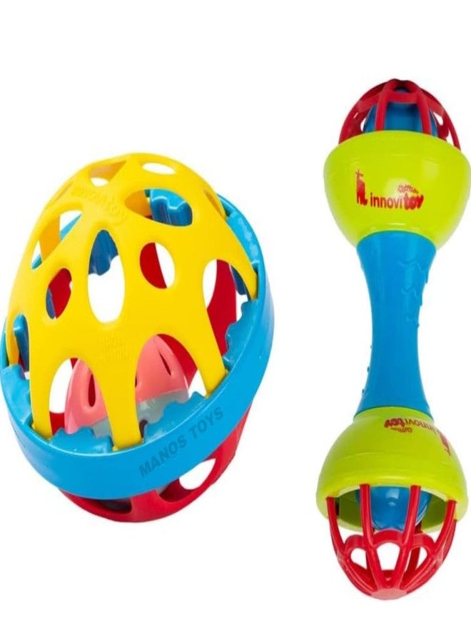 Manos Plastic & Rubber Body Rolling 2 in 1 Rattle Toy for Baby boy/Girl Hand Bell Ball Baby Rattle Bell Toy for Babies - Image 1